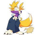  &#12354;&#12356;&#12425; 3_toes ??? anthro canine claws clothing digimon fox fur looking_at_viewer mammal plain_background renamon solo standing toe_claws yellow_fur 