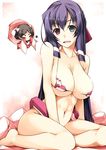  asama_tomo bad_id bad_pixiv_id barefoot bikini blush breasts closed_eyes green_eyes hair_ribbon hair_tubes hanami_(horizon) heterochromia kyoukaisenjou_no_horizon large_breasts legs long_hair micro_bikini multiple_girls navel open_mouth purple_hair red_eyes ribbon shikei simple_background sitting smile swimsuit yokozuwari 