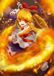  :d absurdres blonde_hair bottle bow fang fire glowing glowing_eyes hair_bow highres holding horns ibuki_suika komakinyan open_mouth red_eyes smile solo touhou 