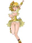  1girl areolae arms_up blonde_hair blush breasts choker cure_pine earrings embarrassed fresh_precure! highres jewelry large_breasts legs long_hair looking_at_viewer nipples no_bra no_panties open_mouth precure pussy simple_background standing thighs uncensored white_background yamabuki_inori yellow_eyes 