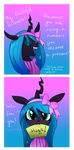  bow changeling clothing eyes_closed fangs female friendship_is_magic green_eyes green_hair hair horn jokerpony mouth_hold my_little_pony queen_chrysalis_(mlp) sign solo sweater 