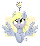  amber_eyes blonde_hair blush derpy_hooves_(mlp) equine female feral food friendship_is_magic fur grey_fur hair horse joakaha light_bulb long_hair looking_up mammal muffin my_little_pony open_mouth pegasus plain_background pony solo tongue wings yellow_eyes 