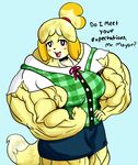  animal_crossing:_new_leaf big_muscles blush canine clothed clothing female flexing hyper hyper_muscles isabelle_(animal_crossing) looking_at_viewer mammal muscles nintendo solo video_games wobbleblot 
