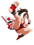  1girl absurdres armpits ass breasts brown_eyes brown_hair cleavage collarbone ears fan fatal_fury feet highres japanese_clothes jumping kicking king_of_fighters kneeepits knees kuroi_ohagi large_breasts legs lips long_hair open_mouth pov_feet shiranui_mai sideboob simple_background snk soles solo spread_legs teeth toeless_socks toes tongue tongueopen_mouth white_background 