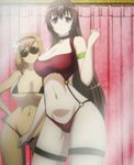  2girls araki_mataemon bikini bra breasts brown_hair dark_skin hyakka_ryouran_samurai_girls large_breasts long_hair multiple_girls panties purple_eyes screencap smile standing sunglasses swimsuit tokugawa_sen 