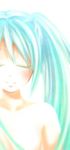  blush closed_eyes green_hair hatsune_miku long_hair nora_wanko nude simple_background smile solo twintails vocaloid white_background 
