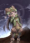  boots brown_hair cloud desert gnome_(mon-musu_quest!) green_eyes hat highres long_hair lv21 mon-musu_quest! monster_girl night pointy_ears sky solo standing very_long_hair 