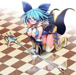  all_fours blue_eyes blue_hair boots breasts checkered checkered_floor cleavage cosmic_break glasses large_breasts lumiera morizo_cs official_art reflective_floor solo staff thigh_boots thighhighs 