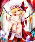  basilis9 blonde_hair bloomers blue_flower blue_rose curtains dress flandre_scarlet flower hat hat_ribbon highres leg_hug looking_at_viewer md5_mismatch mob_cap puffy_sleeves red_dress red_eyes ribbon rose shirt short_sleeves side_ponytail sitting smile solo touhou underwear window wings wrist_cuffs 