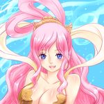  1girl :d blue_eyes blush breasts cleavage female fishman_island looking_at_viewer lowres one_piece open_mouth pink_hair princess shirahoshi smile solo 