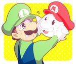  black_eyes blue_eyes blue_overalls boo_mario brothers brown_hair commentary_request facial_hair ghost-pepper gloves green_hat green_shirt hat holding luigi mario mario_(series) multiple_boys mustache nose overalls polka_dot scared shirt siblings smile super_mario_bros. super_mario_galaxy tearing_up tongue waving wavy_mouth 