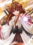  bare_shoulders black_legwear blush brown_hair cannon detached_sleeves double_bun hair_ornament hairband haura_akitoshi headgear japanese_clothes kantai_collection kongou_(kantai_collection) long_hair nontraditional_miko open_mouth purple_eyes ribbon-trimmed_sleeves ribbon_trim skirt smile solo thighhighs turret 