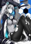  aqua_eyes bad_id bad_pixiv_id black_legwear bodysuit breasts cape covered_nipples gloves honeycomb_(pattern) honeycomb_background kantai_collection koko_shiguma large_breasts long_hair looking_at_viewer pale_skin pantyhose shinkaisei-kan silver_hair solo torn_clothes torn_legwear wo-class_aircraft_carrier 