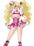  1girl areolae blonde_hair blush breasts breasts_outside cure_peach earrings fresh_precure! hand_on_hip happy highres jewelry large_breasts legs long_hair looking_at_viewer momozono_love nipples no_bra no_panties open_mouth pink_eyes precure pussy simple_background skirt smile standing thighs twintails uncensored v white_background wink 