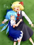  ^_^ blonde_hair blouse blue_hair cirno closed_eyes dress drooling fang grass hair_ribbon lying multiple_girls namino. on_back on_grass ribbon rumia skirt sleeping smile touhou vest wings zzz 