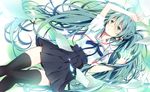  aqua_eyes aqua_hair earphones hatsune_miku long_hair lying paper solo twintails vocaloid wogura 