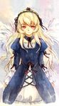  artist_request blonde_hair blue_dress cross detached_collar dress empty_eyes headband lolita_fashion long_hair long_sleeves puffy_sleeves red_eyes red_ribbon ribbon rozen_maiden source_request suigintou 