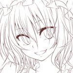  bad_id bad_pixiv_id fang flandre_scarlet hat lineart looking_at_viewer monochrome nora_wanko open_mouth short_hair slit_pupils smile solo touhou 