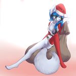  blue_hair breasts canine christmas delicious delicious_(artist) female fluffy_tail fox green_eyes hair hat holidays mammal nipples nude pussy santa_hat sitting solo 