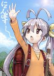  antenna_hair arm_up backpack bag chestnut_mouth cloud collarbone day gaihan_umeboshi_mitchell instrument long_sleeves miyauchi_renge mountain non_non_biyori nyanpassu~ orange_shirt purple_hair randoseru recorder red_eyes shirt sky solo sun translated twintails 