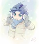  blue_hair earmuffs gloves green_eyes inazuma_eleven_(series) inazuma_eleven_go looking_at_viewer male_focus mizuhara_aki no_pupils open_mouth solo upper_body winter yukimura_hyouga 