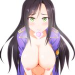 battlegaregga bent_over black_hair blush breasts cleavage condom condom_in_mouth green_eyes hanging_breasts idolmaster idolmaster_cinderella_girls large_breasts leaning_forward long_hair looking_at_viewer mouth_hold mukai_takumi nipples partially_undressed sleeves_rolled_up solo 