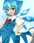  aqua_eyes bad_id bad_pixiv_id blue_hair bow cirno detached_wings dress hiiragi_ken ice ice_wings neck_ribbon open_mouth ribbon sigh smile smug solo touhou wings 