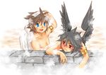  angel armlet bathing black_hair blue_eyes blush brown_hair dark_pit karasuma_pink kid_icarus kid_icarus_uprising male_focus multiple_boys open_mouth pit_(kid_icarus) red_eyes smile wings 