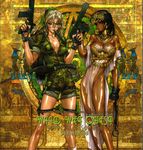  black_hair blonde_hair breasts brown_eyes camouflage crown dark_skin egyptian glasses gun highres jewelry knife large_breasts long_hair looking_at_viewer military military_uniform multiple_girls phara_l._olyn shiny shiny_skin shirou_masamune submachine_gun uniform very_dark_skin weapon wild_wet_quest 