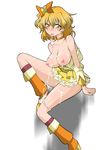  1girl aftersex areolae bare_shoulders blonde_hair blush boots breasts breasts_outside choker condom condom_in_mouth cum cum_on_body cum_on_breasts cum_on_hair cum_on_lower_body cum_on_upper_body cure_pine earrings facial fresh_precure! highres jewelry large_breasts legs looking_at_viewer magical_girl mouth_hold nipples no_bra panties panty_pull precure short_hair simple_background sitting thighs underwear used_condom yamabuki_inori yellow_eyes 
