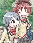  :d bad_id bad_pixiv_id bag blue_hair bow closed_eyes gaihan_umeboshi_mitchell grass hair_bow juliet_sleeves long_hair long_sleeves mahou_shoujo_madoka_magica miki_sayaka multiple_girls open_mouth ponytail puffy_sleeves red_hair sakura_kyouko school_bag school_uniform smile 