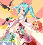  aqua_hair flower green_eyes hagoita hair_flower hair_ornament hanetsuki hatsune_miku highres japanese_clothes kimono long_hair miu_(angelo_whitechoc) open_mouth paddle solo twintails vocaloid 