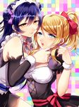  anmiko ayase_eli blonde_hair blue_eyes blue_hair choker detached_sleeves double_bun earrings hair_ribbon hand_on_another's_face jewelry long_hair love_live! love_live!_school_idol_project maid_headdress mogyutto_&quot;love&quot;_de_sekkin_chuu! multiple_girls ponytail puffy_sleeves ribbon sonoda_umi wrist_cuffs yellow_eyes yuri 