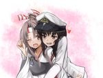  :d black_hair blush brown_eyes brown_hair fang female_admiral_(kantai_collection) grabbing grabbing_from_behind headband japanese_clothes kantai_collection long_hair military military_uniform multiple_girls muneate naval_uniform one_eye_closed open_mouth ponytail smile tears uniform wrist_grab yuki_(nanao_yuki) yuri zuihou_(kantai_collection) 