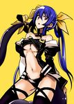  bad_id bad_twitter_id bare_shoulders black_legwear blue_hair breasts cleavage detached_sleeves dizzy guilty_gear koko_shiguma long_hair medium_breasts midriff navel open_mouth red_eyes revealing_clothes simple_background solo thighhighs twintails underwear very_long_hair yellow_background 