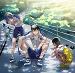  ahoge arakita_yasutomo bicycle bike_shorts blush bottle dappled_sunlight fingerless_gloves glasses gloves ground_vehicle hinatsu male_focus manami_sangaku multiple_boys onoda_sakamichi sportswear sunlight yowamushi_pedal 