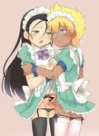  apron bakusou_kyoudai_let's_&amp;_go!! black_hair blonde_hair blue_eyes blush bow byoukitakashi censored crossdressing dark_skin dark_skinned_male dress dress_lift eye_contact foreskin garter_belt green_eyes hair_down handjob heart highres j_(let's_&amp;_go) long_hair looking_at_another lowleg lowleg_panties maid_headdress male_focus multiple_boys multiple_penises open_mouth otoko_no_ko panties penis penises_touching phimosis precum side-tie_panties simple_background sweat takaba_ryou testicles thighhighs underwear wrist_cuffs yaoi 