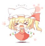  &gt;_&lt; animal_ears blonde_hair cat_ears cat_tail check_translation chibi closed_eyes fang flandre_scarlet gaius_(nikoniko2) hat hat_ribbon hat_with_ears kemonomimi_mode open_mouth outstretched_arms paw_print ribbon shirt side_ponytail skirt skirt_set solo tail touhou translated translation_request vest wings 
