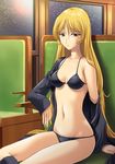  bikini blonde_hair brown_eyes ginga_tetsudou_999 jiyuuyuu long_hair maetel navel sitting solo sweat swimsuit very_long_hair 