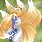  :&lt; absurdres blonde_hair blush breast_rest breasts dress fox_tail green_background hands_in_opposite_sleeves hat highres looking_at_viewer medium_breasts multiple_tails ofuda pillow_hat seiza short_hair sitting solo tabard tail taro_(ahoko) touhou yakumo_ran yellow_eyes 