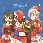  3girls black_hair blue_eyes brown_hair cake christmas final_fantasy final_fantasy_vii final_fantasy_x final_fantasy_xiii food green_eyes hat heterochromia jewelry lightning_farron long_hair multiple_girls necklace pink_hair pixiv_manga_sample red_eyes santa_costume santa_hat santa_outfit short_hair tifa_lockhart very_long_hair yadoso yuna 