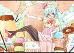  aqua_hair bad_id bad_pixiv_id black_eyes blush bow cake candle candy crown doughnut food fruit glasses gloves hairband high_heels icing letterboxed lollipop macaron original pantyhose pastry pocky pudding puffy_sleeves sekiyu. shoe_dangle sidelocks skirt smile solo spoon strawberry striped striped_legwear twintails vertical-striped_legwear vertical_stripes 