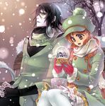  1boy 1girl :d alexa_pasztor arrancar artist_name black_hair bleach coat gloves green_eyes hat inoue_orihime long_hair open_mouth orange_hair outdoors sitting skirt smile snow_globe snowing ulquiorra_cifer white_skin 