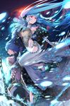  1girl blue_eyes blue_hair c.seryl chain character_request dress evening_gown formal fur gem holding jewelry long_hair luthica_preventer red_eyes short_hair sword sword_girls twintails weapon 