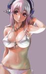  bare_shoulders bikini breasts cleavage derivative_work front-tie_top hair_tucking headphones highres jewelry large_breasts long_hair midriff navel necklace nitroplus parted_lips photo-referenced pink_eyes pink_hair side-tie_bikini simple_background solo super_sonico swimsuit underboob upper_body utu_(ldnsft) white_bikini 