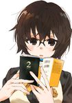  blush book brown_eyes brown_hair glasses hyakko katou_haruaki kazamatsuri_touma looking_at_viewer official_art open_book school_uniform short_hair solo 