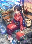  1girl ashiyu barefoot blue_bow blue_sky blurry_foreground bow branch copyright_name day full_body highres interitio japanese_clothes kimono lantern long_hair looking_at_viewer new_year official_art onsen outdoors paper_lantern ponytail purple_eyes red_kimono sid_story sidelocks sitting sky soaking_feet solo towel watermark 