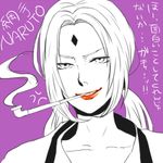  1girl facial_mark female forehead_mark long_hair looking_at_viewer low_twintails lowres m1204n naruto purple_background smile smoke smoking solo translation_request tsunade twintails 