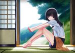  barefoot black_hair blue_eyes legs long_hair original sakamoto_mineji school_uniform serafuku sitting skirt solo tree 