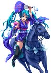 aqua_eyes aqua_hair arm_up bad_id bad_pixiv_id boots fan folding_fan hatsune_miku horse horseback_riding japanese_clothes kimono kimono_skirt long_hair open_mouth pixco riding simple_background solo thigh_boots thighhighs twintails very_long_hair vocaloid white_background 